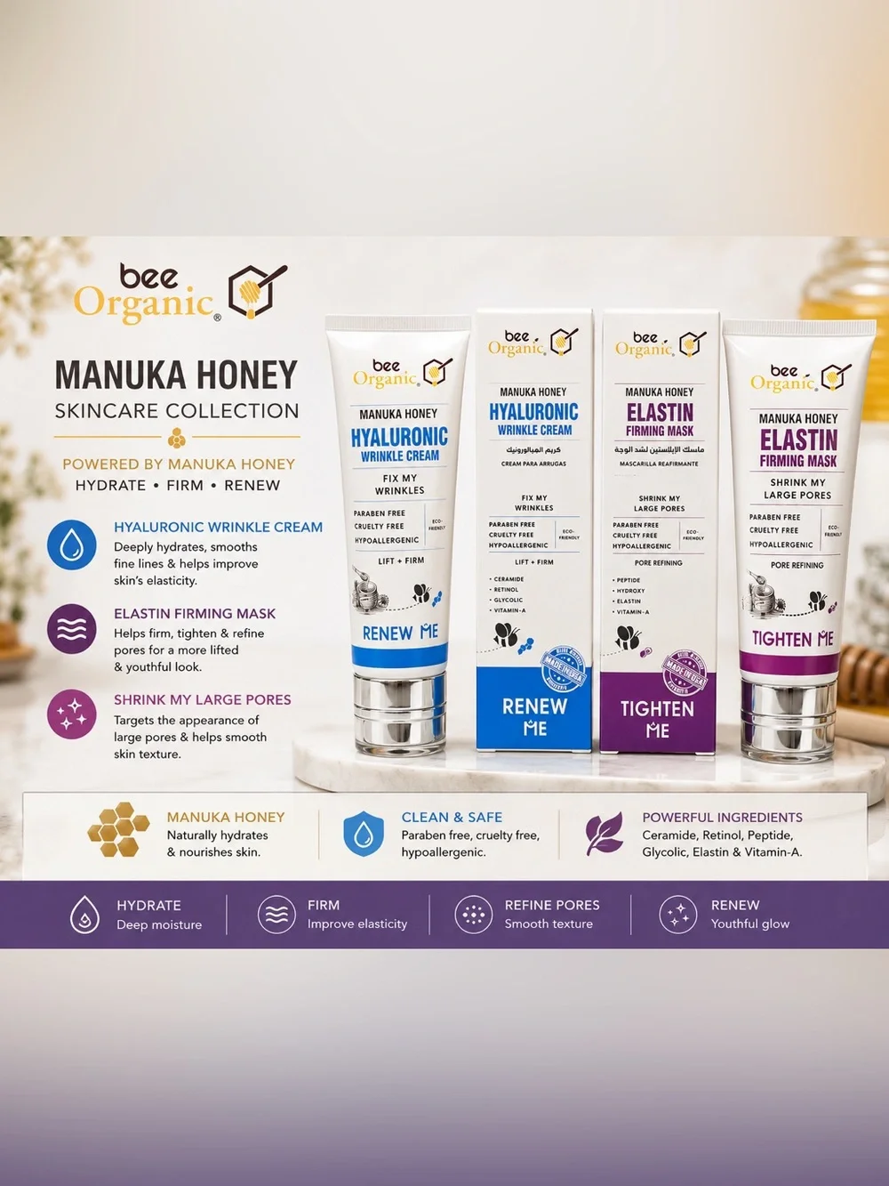 Bee Organic Manuka Honey Hyaluronic Wrinkle Cream + Elastin Firming Mask Set